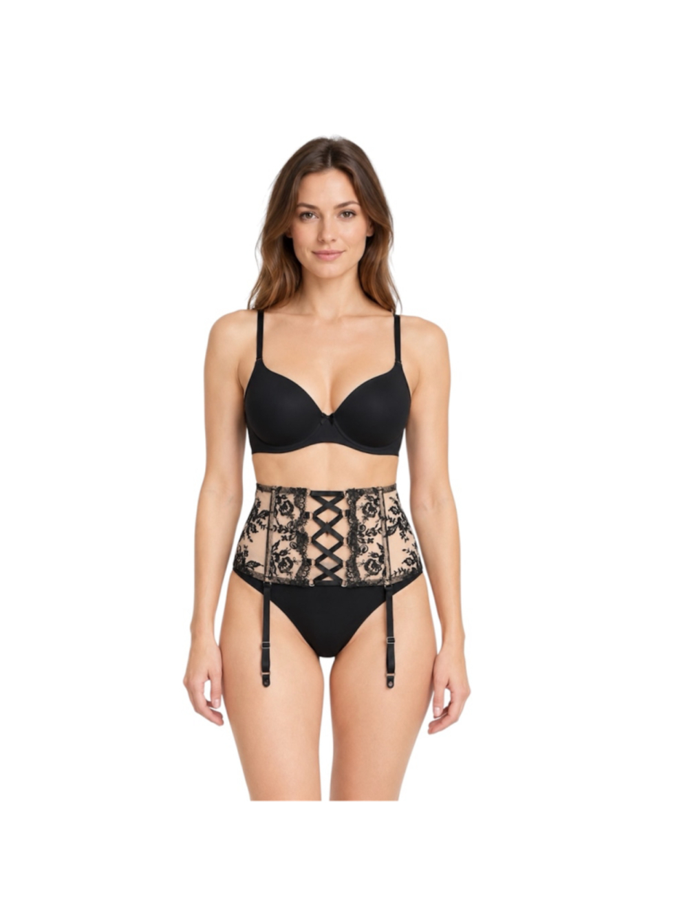 Black Nude Floral Embroidered Lace-Up Garter Belt Size Small